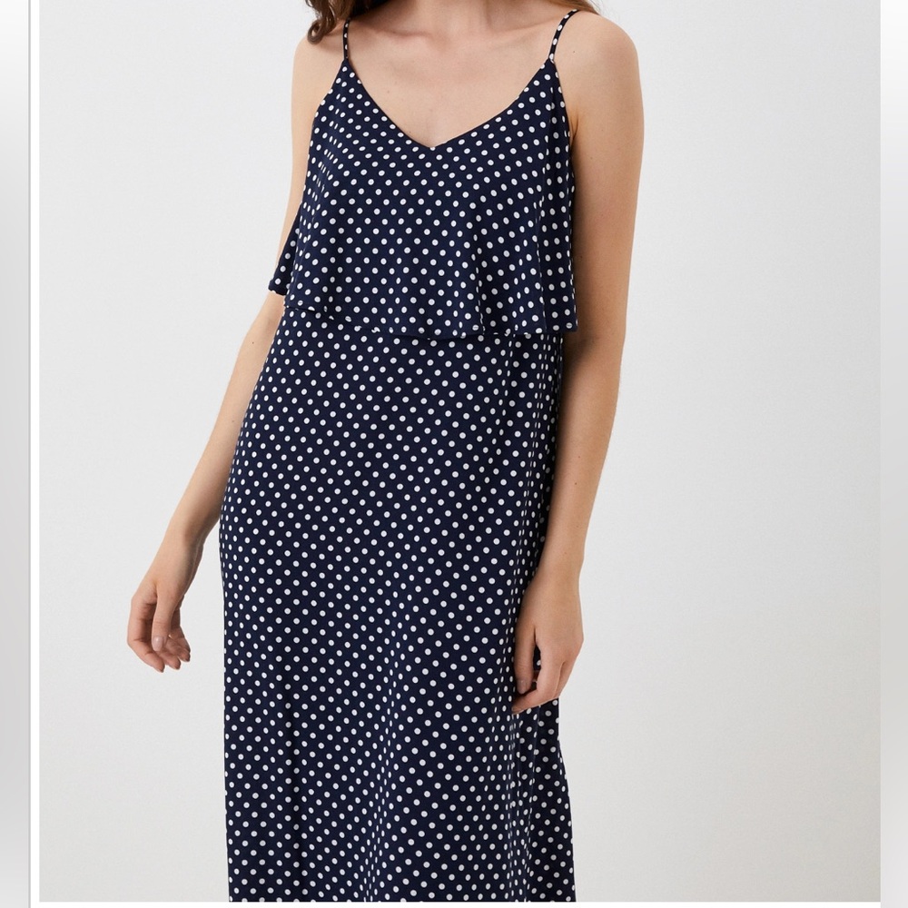 Ladies SZ 18 Blue & White Polka Dot Skater Maxi Dress silky w lining adj straps